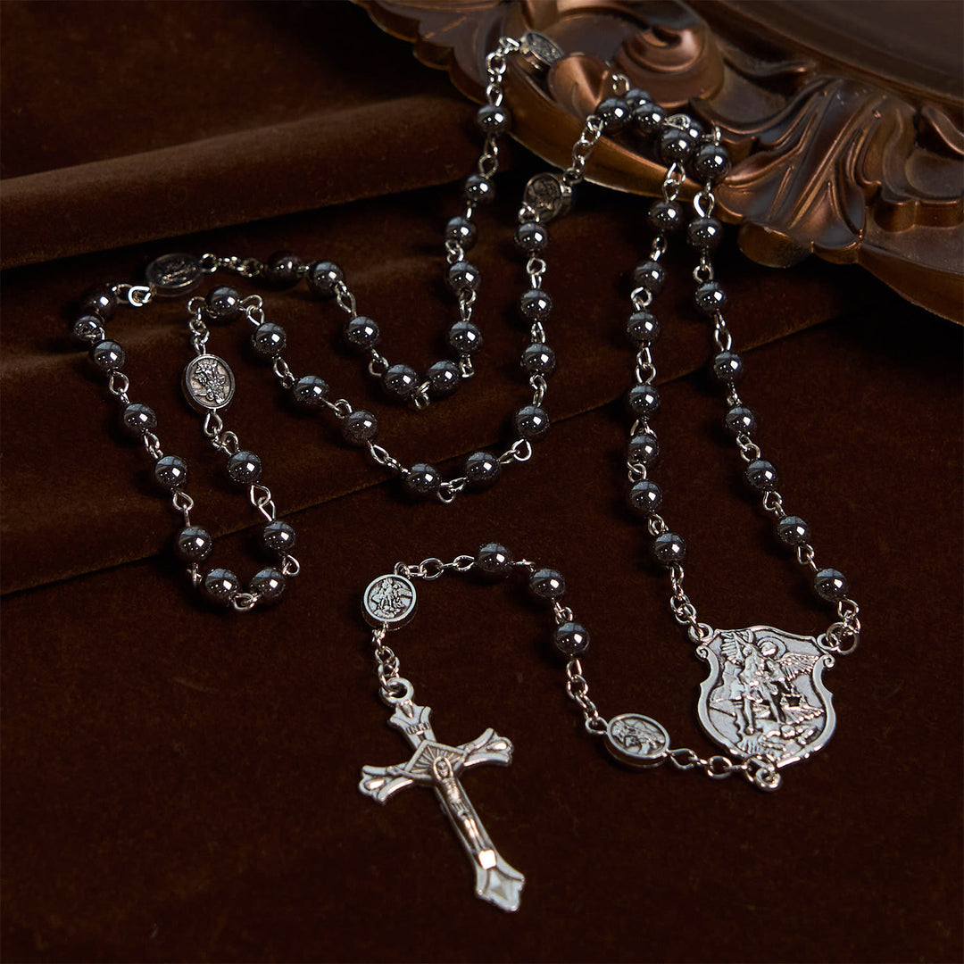 Christianartworkshop Sacred Shiny Black Beads Rosary with St. Michael the Archangel Pendant & Crucifix - image 2