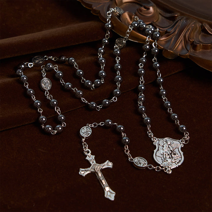 Christianartworkshop Sacred Shiny Black Beads Rosary with St. Michael the Archangel Pendant & Crucifix - image 2