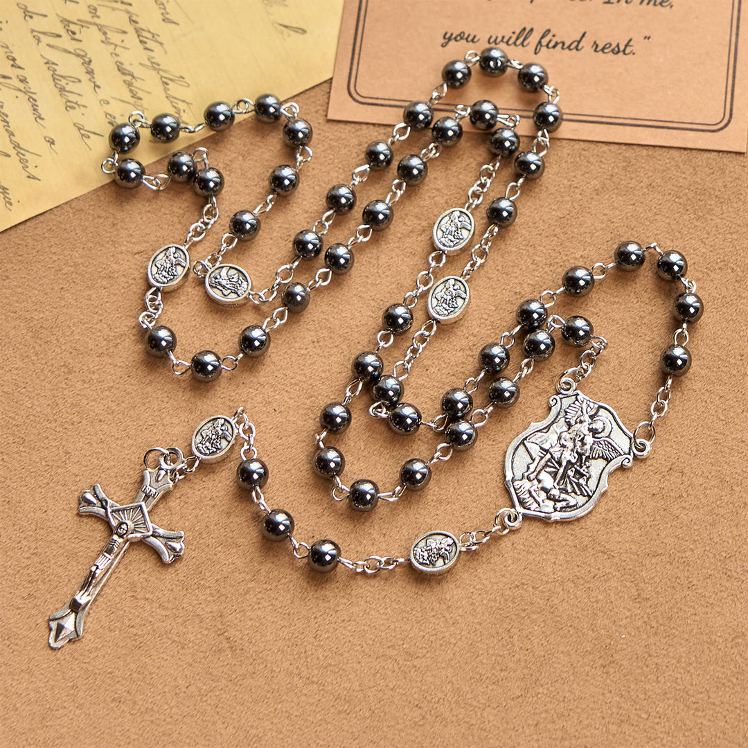 Christianartworkshop Sacred Shiny Black Beads Rosary with St. Michael the Archangel Pendant & Crucifix - image 0