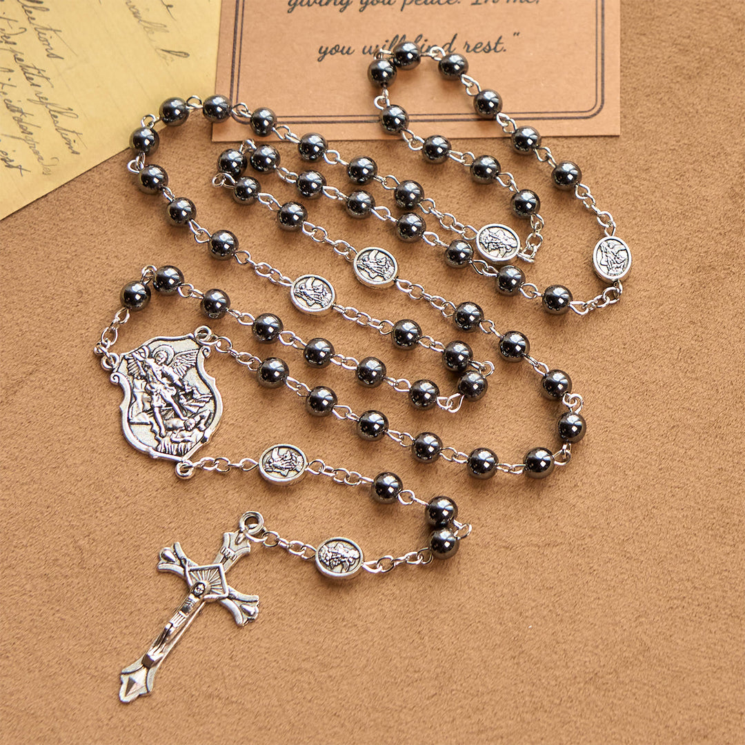 Christianartworkshop Sacred Shiny Black Beads Rosary with St. Michael the Archangel Pendant & Crucifix - image 1