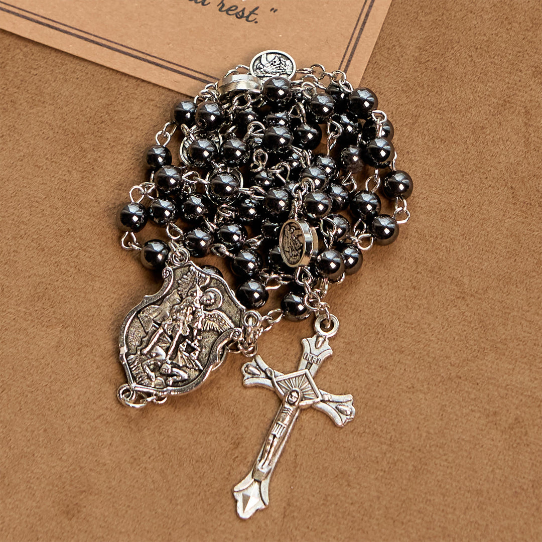Christianartworkshop Sacred Shiny Black Beads Rosary with St. Michael the Archangel Pendant & Crucifix - image 3