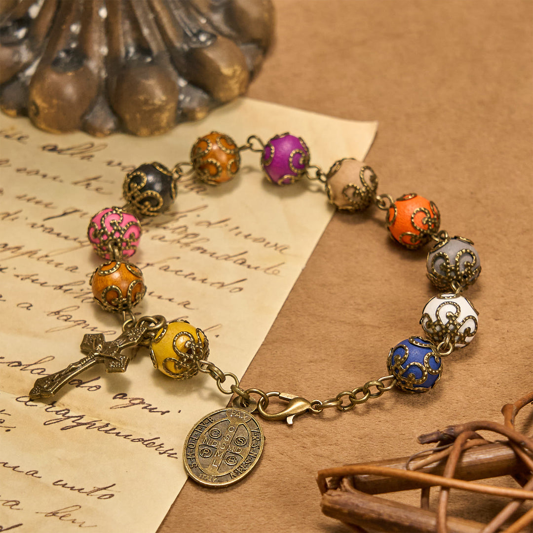 Christianartworkshop Vintage Style Patterned Colorful Bead Bracelet with Bronze St. Benedict & Crucifix: Trust in Divine Continuity - St. Benedict Medal & Crucifx - image 1