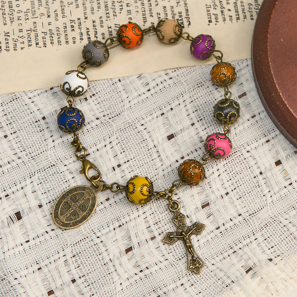 Christianartworkshop Vintage Style Patterned Colorful Bead Bracelet with Bronze St. Benedict & Crucifix: Trust in Divine Continuity - image 2