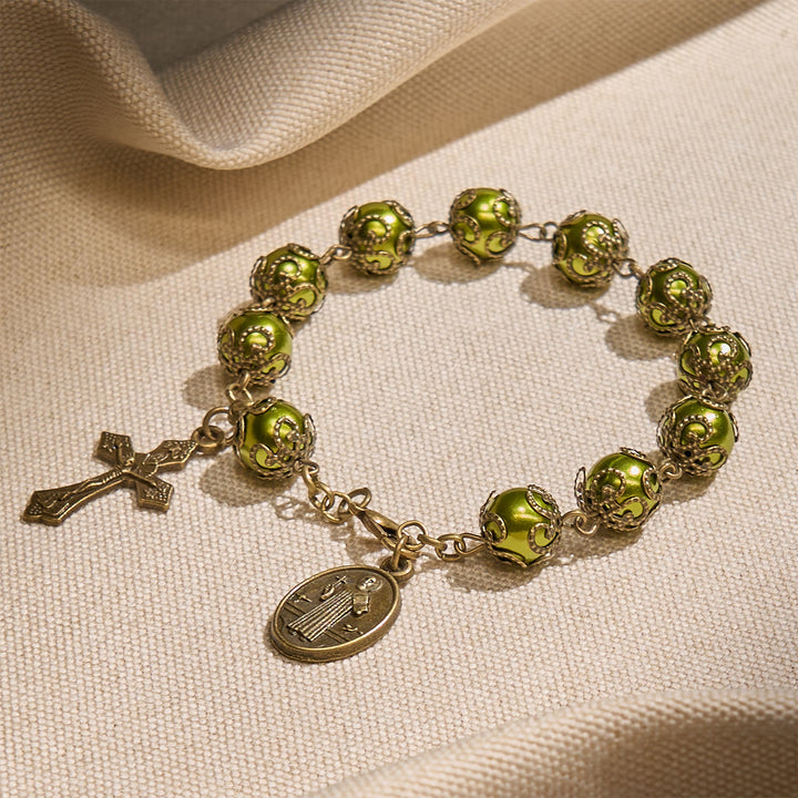 Christianartworkshop Matte Verdigris Beads with Bronze St. Benedict Medal & Crucifix Bracelet: Find Peace in Subtle Sacredness - image 2
