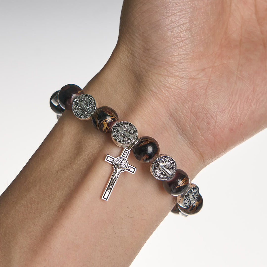 Christianartworkshop Tri-Color Beads Bracelet with Silver St. Benedict Medal and Crucifix: Divine Faith Artistry - image 16
