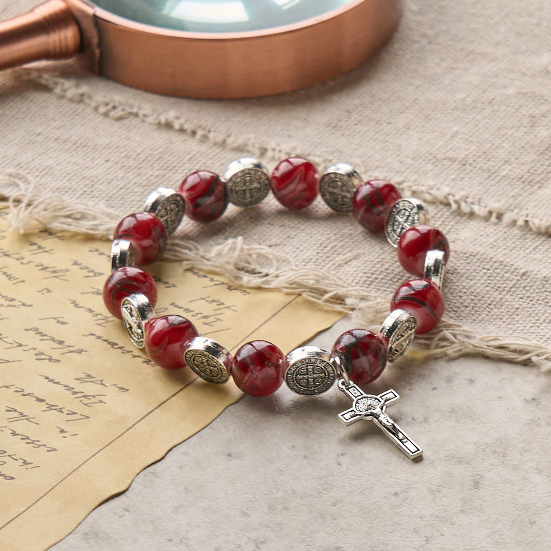 Christianartworkshop Tri-Color Beads Bracelet with Silver St. Benedict Medal and Crucifix: Divine Faith Artistry - image 6
