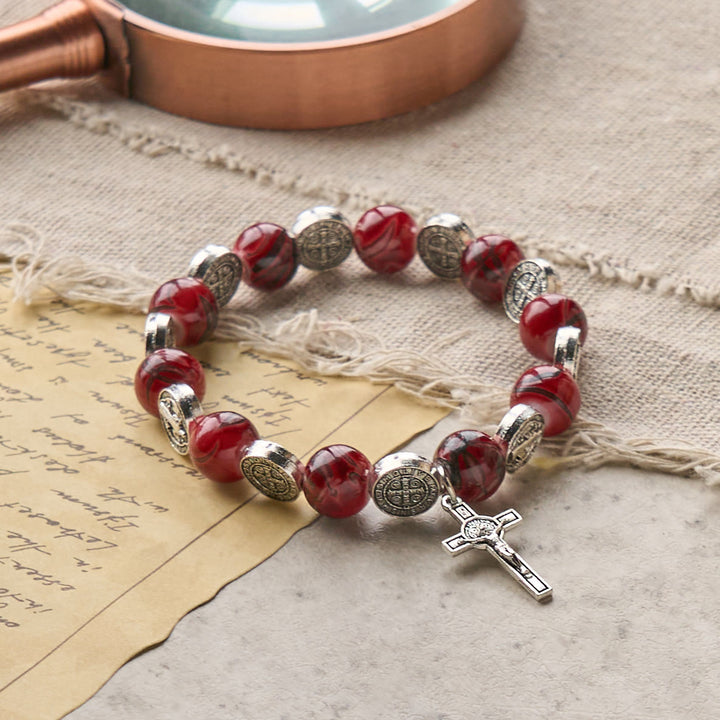 Christianartworkshop Tri-Color Beads Bracelet with Silver St. Benedict Medal and Crucifix: Divine Faith Artistry - image 6