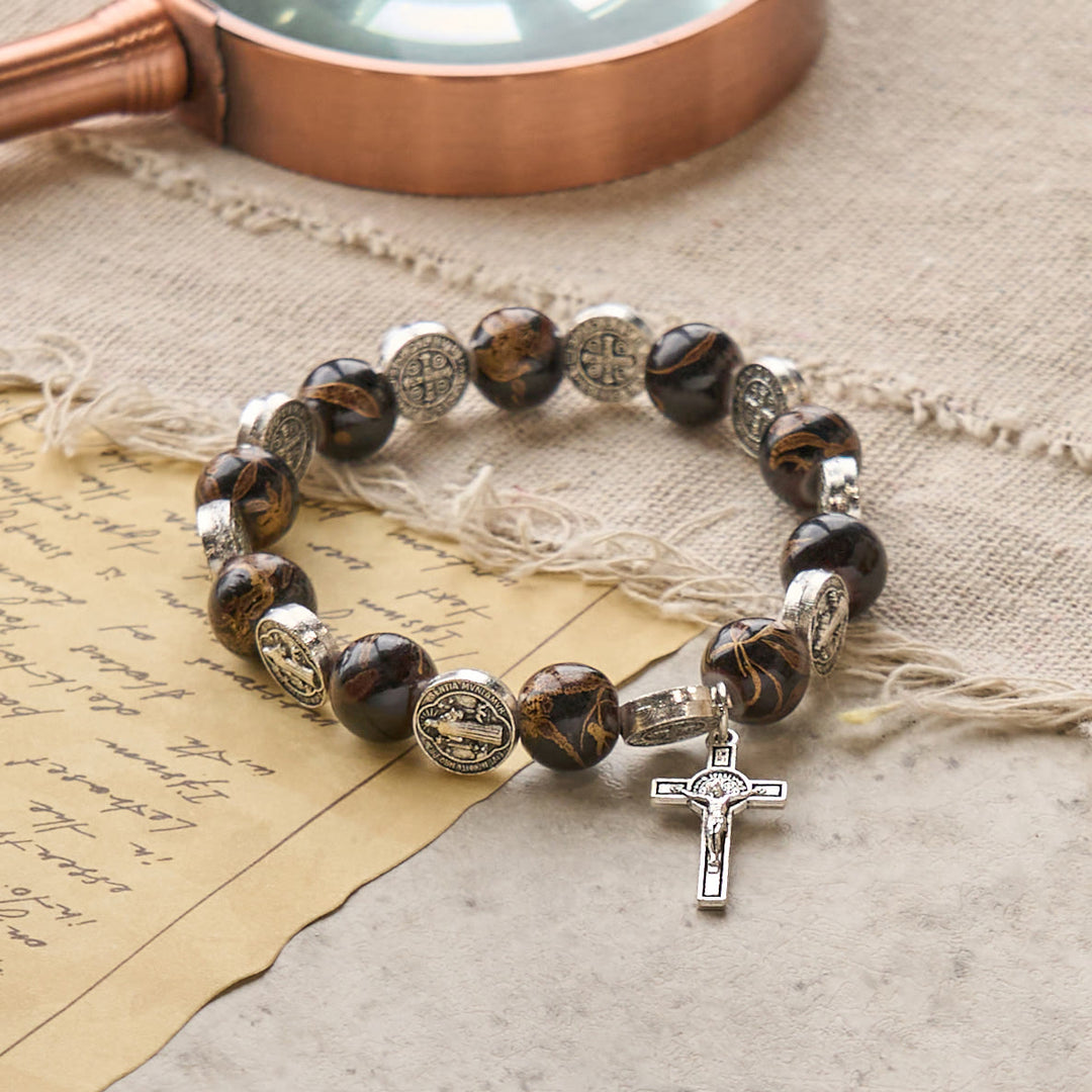 Christianartworkshop Tri-Color Beads Bracelet with Silver St. Benedict Medal and Crucifix: Divine Faith Artistry - image 7