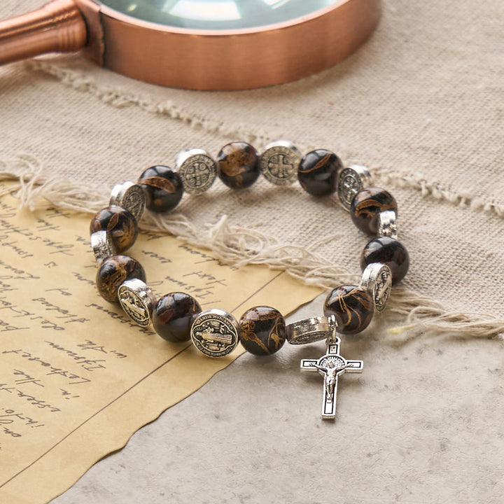Christianartworkshop Tri-Color Beads Bracelet with Silver St. Benedict Medal and Crucifix: Divine Faith Artistry - image 7