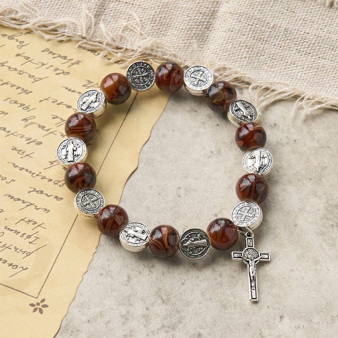 Christianartworkshop Tri-Color Beads Bracelet with Silver St. Benedict Medal and Crucifix: Divine Faith Artistry - Brown - image 2