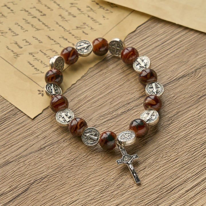 Christianartworkshop Tri-Color Beads Bracelet with Silver St. Benedict Medal and Crucifix: Divine Faith Artistry - image 5