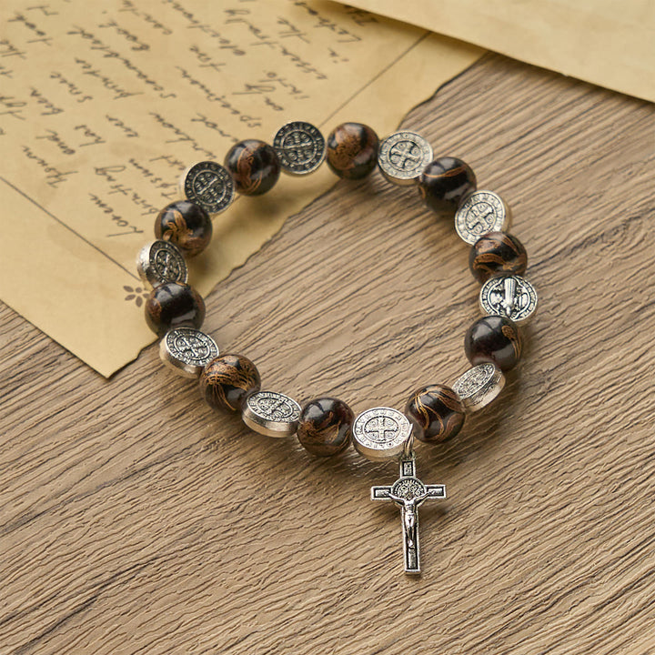 Christianartworkshop Tri-Color Beads Bracelet with Silver St. Benedict Medal and Crucifix: Divine Faith Artistry - image 4