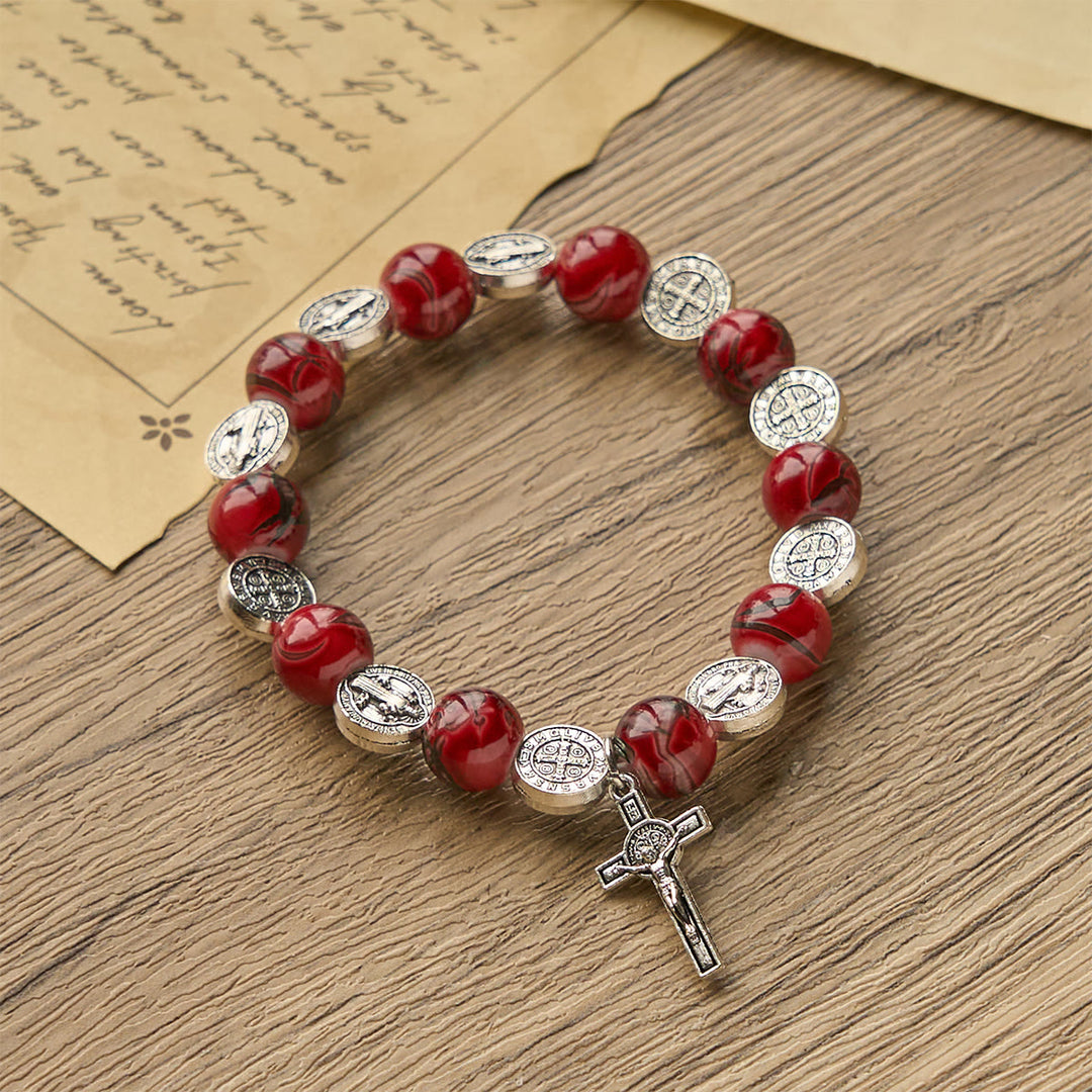 Christianartworkshop Tri-Color Beads Bracelet with Silver St. Benedict Medal and Crucifix: Divine Faith Artistry - image 3