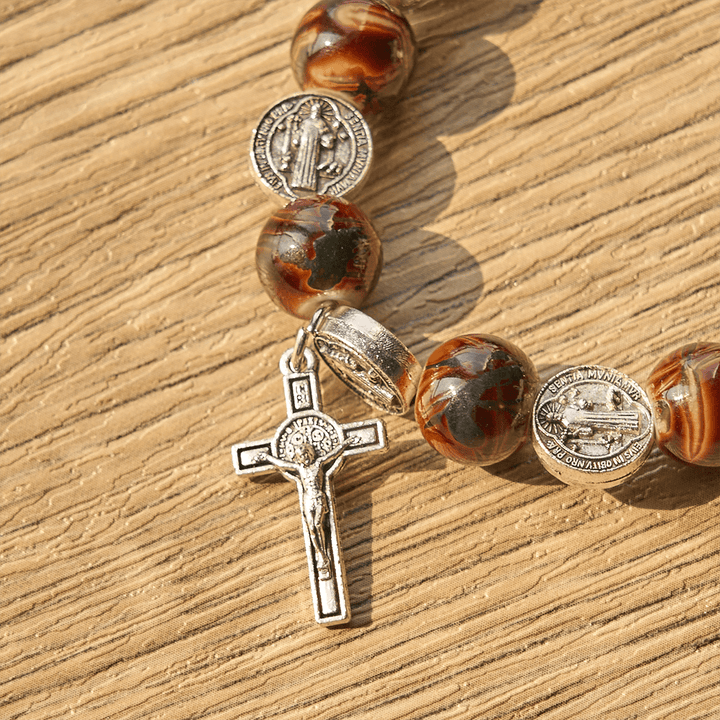 Christianartworkshop Tri-Color Beads Bracelet with Silver St. Benedict Medal and Crucifix: Divine Faith Artistry - image 11