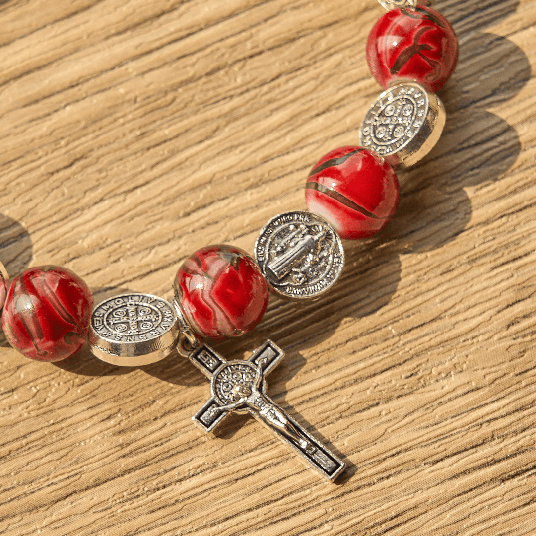 Christianartworkshop Tri-Color Beads Bracelet with Silver St. Benedict Medal and Crucifix: Divine Faith Artistry - image 9