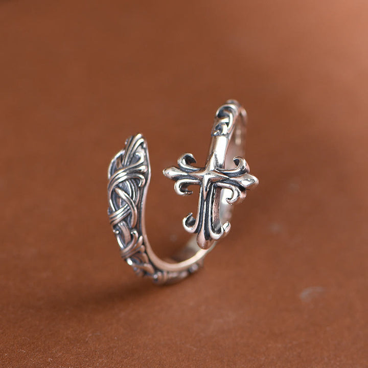 Christianartworkshop Retro 925 Silver Cross Ring with Delicate Vine Engravings: Pure Expression of Faith - image 2