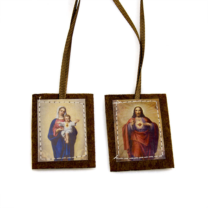 Christianartworkshop Blessed Brown Wool Scapular of Sacred Heart of Jesus and Virgin Mary - Scapular - image 0