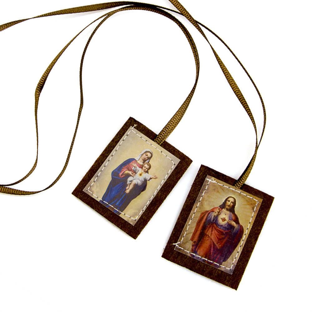 Christianartworkshop Blessed Brown Wool Scapular of Sacred Heart of Jesus and Virgin Mary - image 3