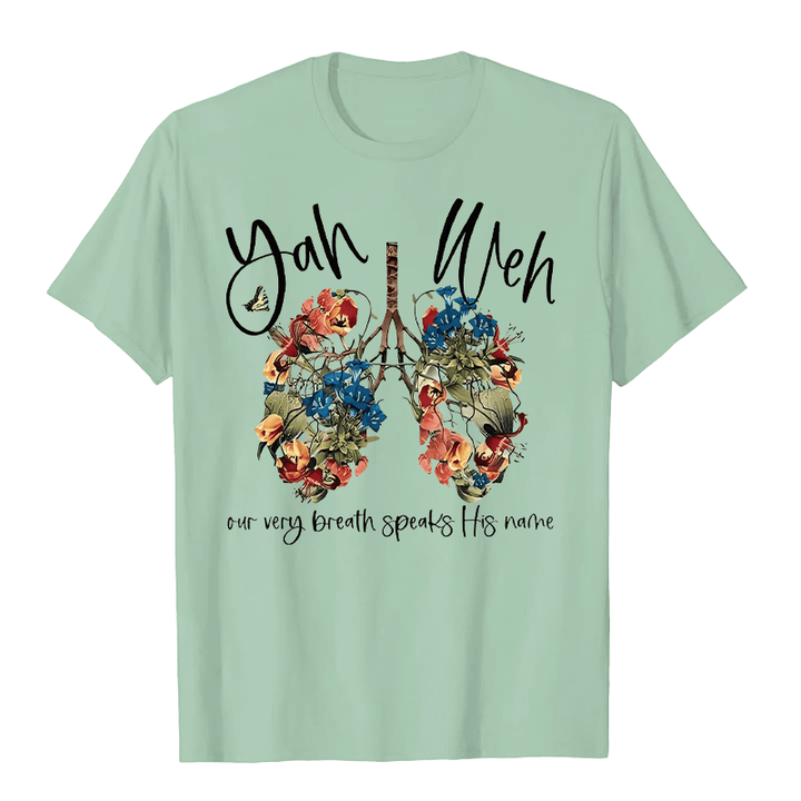 Christianartworkshop Our Very Breath Speaks His Name Floral Lung  Yahweh Unisex T-shirt - Light Green - 2XL - image 3