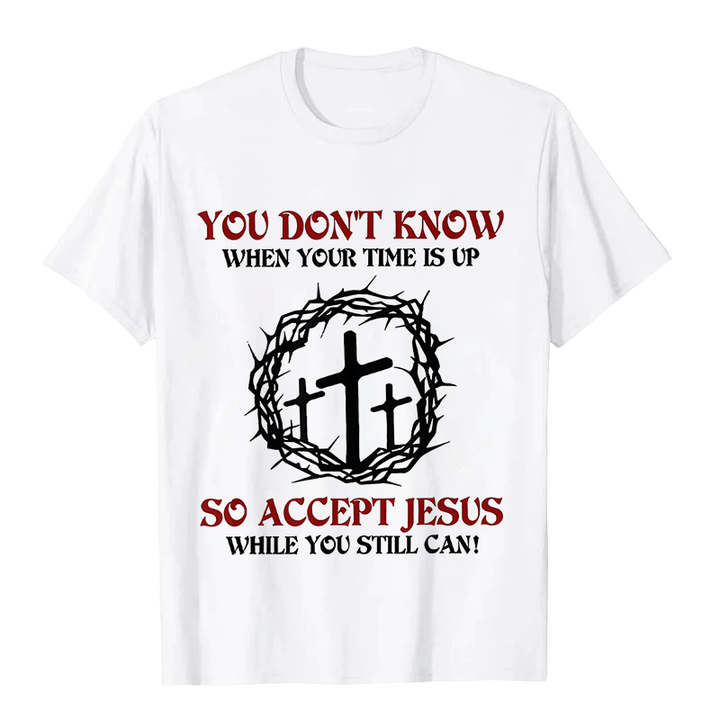 Christianartworkshop Religious Warning Accept Jesus Thorn Crown Cross Unisex T-shirt - White - 2XL - image 1