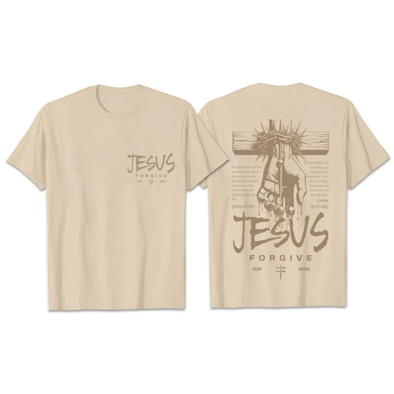Christianartworkshop Religious Jesus Forgive Crown of Thorns Cross Unisex T-shirt - Beige - 2XL - image 6