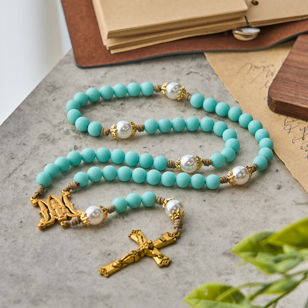 Christianartworkshop Handmade Mint Green Beads & Pearl with Miraculous Medal & Crucifix Rosary - image 5