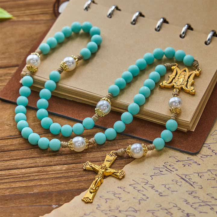 Christianartworkshop Handmade Mint Green Beads & Pearl with Miraculous Medal & Crucifix Rosary - image 1