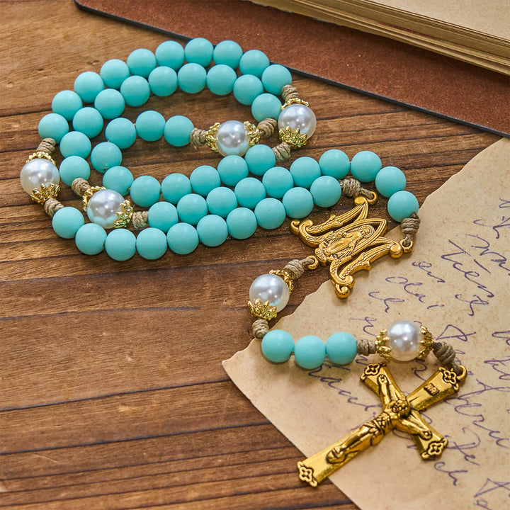 Christianartworkshop Handmade Mint Green Beads & Pearl with Miraculous Medal & Crucifix Rosary - Mint - image 0