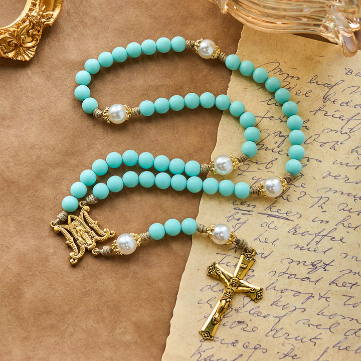 Christianartworkshop Handmade Mint Green Beads & Pearl with Miraculous Medal & Crucifix Rosary - image 8