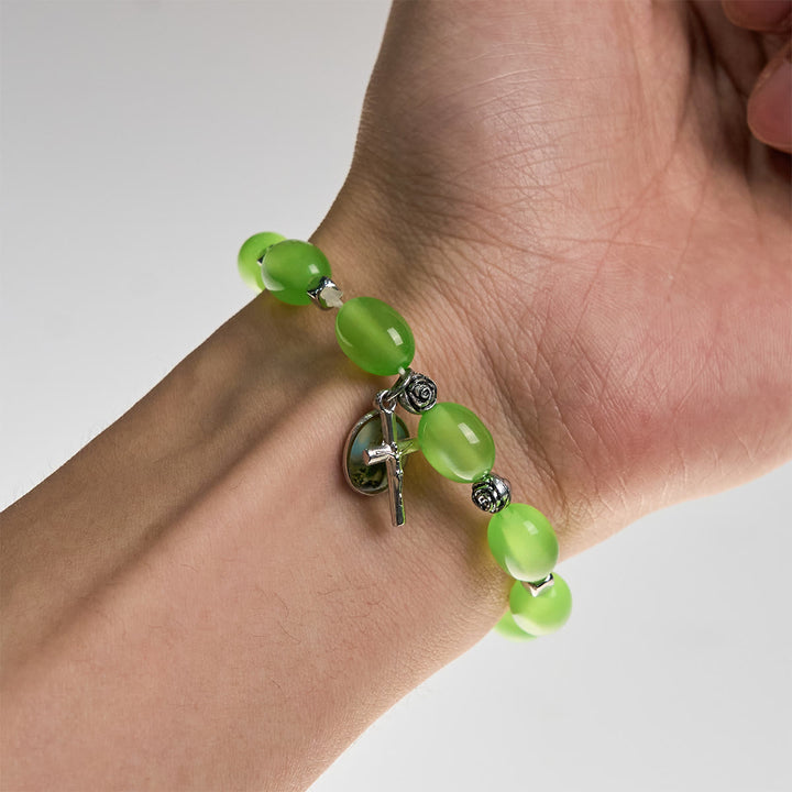 Christianartworkshop St. Jude & Crucifix Pendant Green Clear Beads Rose Bracelet - image 4