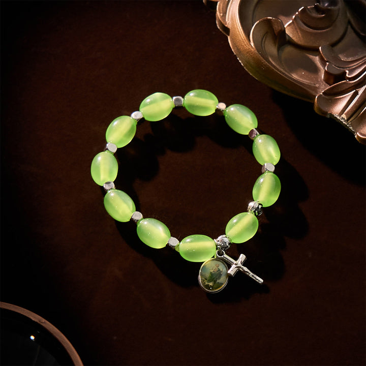 Christianartworkshop St. Jude & Crucifix Pendant Green Clear Beads Rose Bracelet - image 3