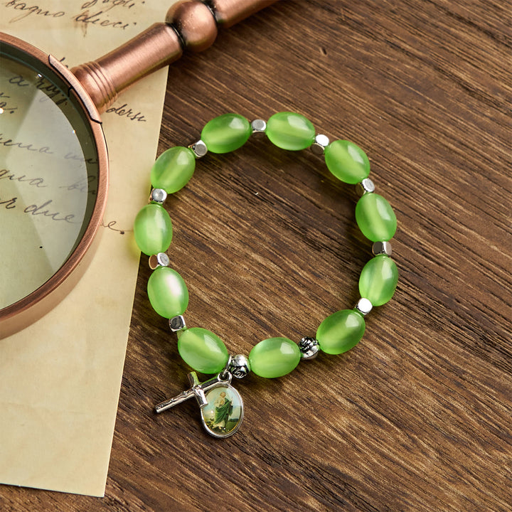 Christianartworkshop St. Jude & Crucifix Pendant Green Clear Beads Rose Bracelet - image 6