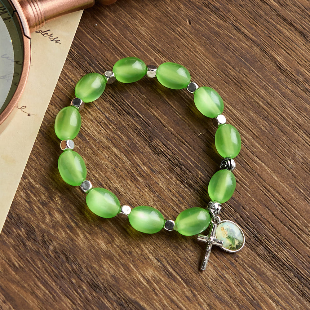 Christianartworkshop St. Jude & Crucifix Pendant Green Clear Beads Rose Bracelet - image 1