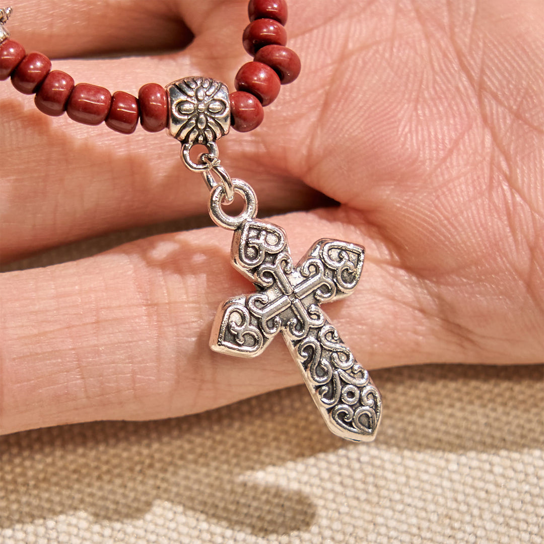 Christianartworkshop 8mm Red Sesame Stone One Decade Rosary Bracelet with Miraculous Medal & Cross