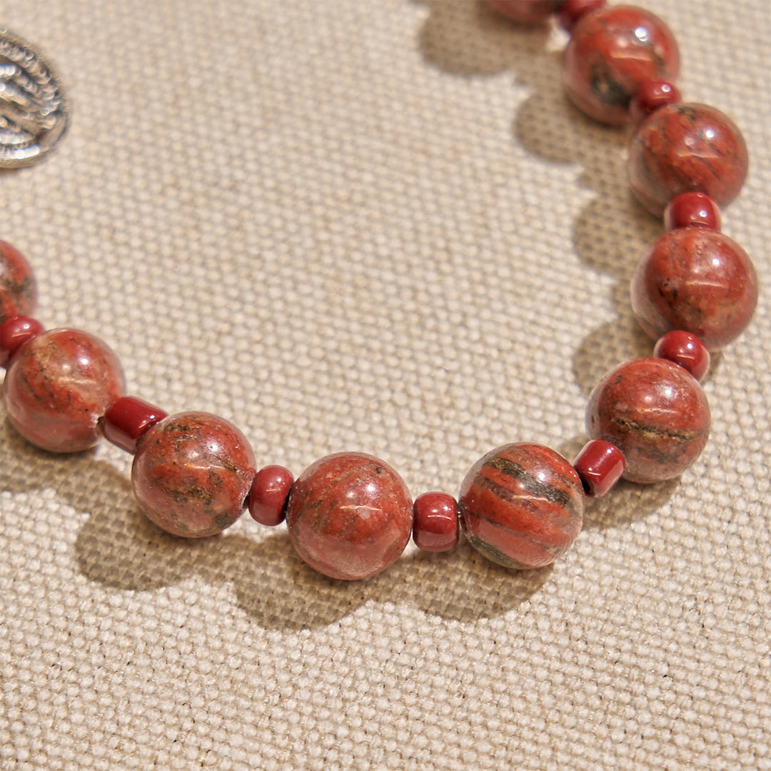 Christianartworkshop 8mm Red Sesame Stone One Decade Rosary Bracelet with Miraculous Medal & Cross