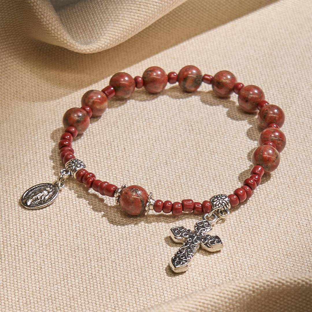 Christianartworkshop 8mm Red Sesame Stone One Decade Rosary Bracelet with Miraculous Medal & Cross