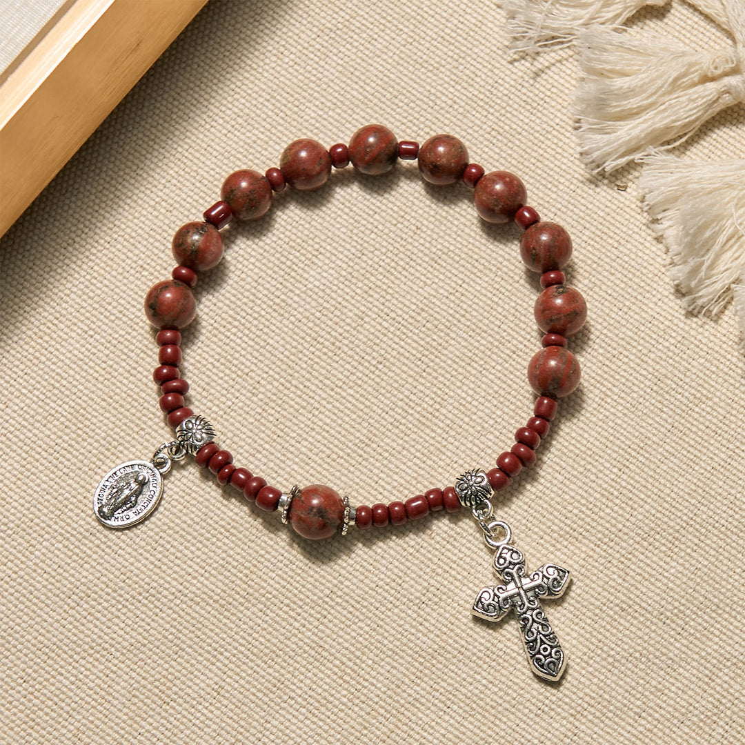 Christianartworkshop 8mm Red Sesame Stone One Decade Rosary Bracelet with Miraculous Medal & Cross