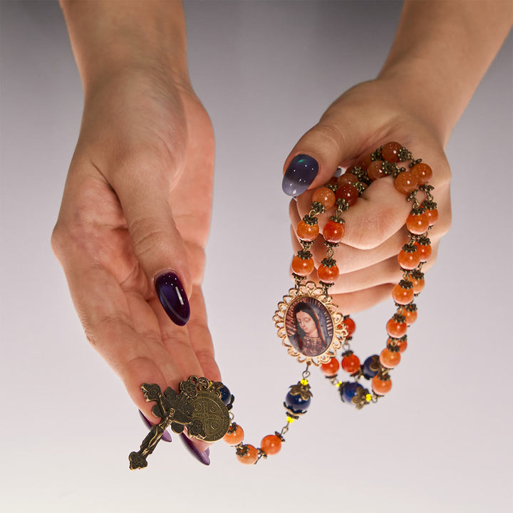 Christianartworkshop Handmade Orange Chalcedony Our Lady St. Benedict Medal Rosary - image 5
