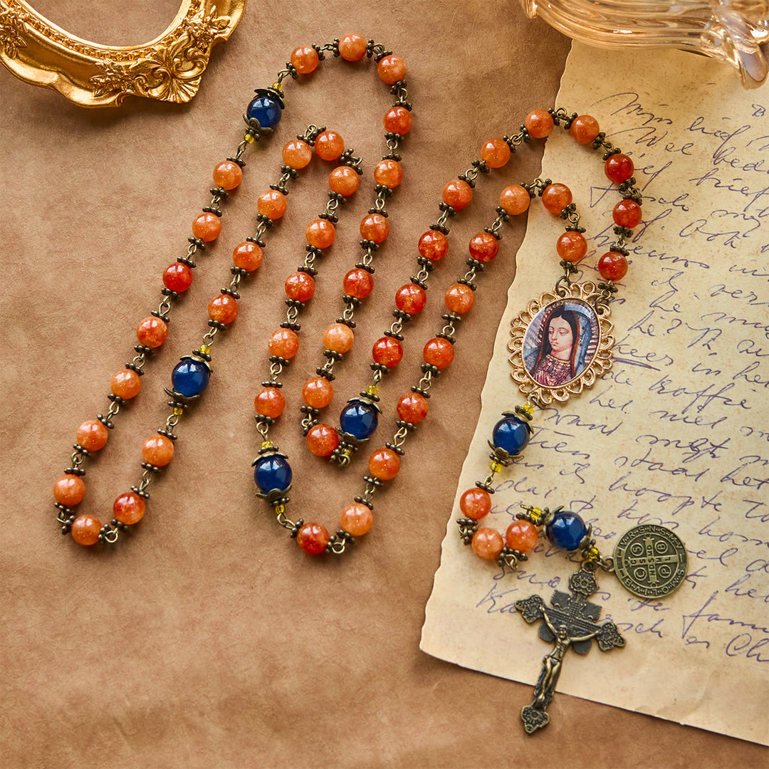 Christianartworkshop Handmade Orange Chalcedony Our Lady St. Benedict Medal Rosary - image 4