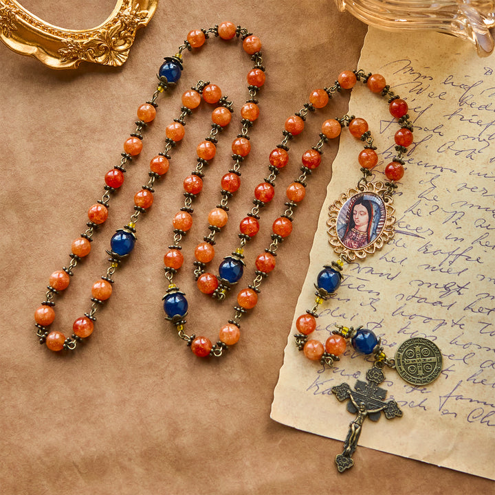 Christianartworkshop Handmade Orange Chalcedony Our Lady St. Benedict Medal Rosary - image 4
