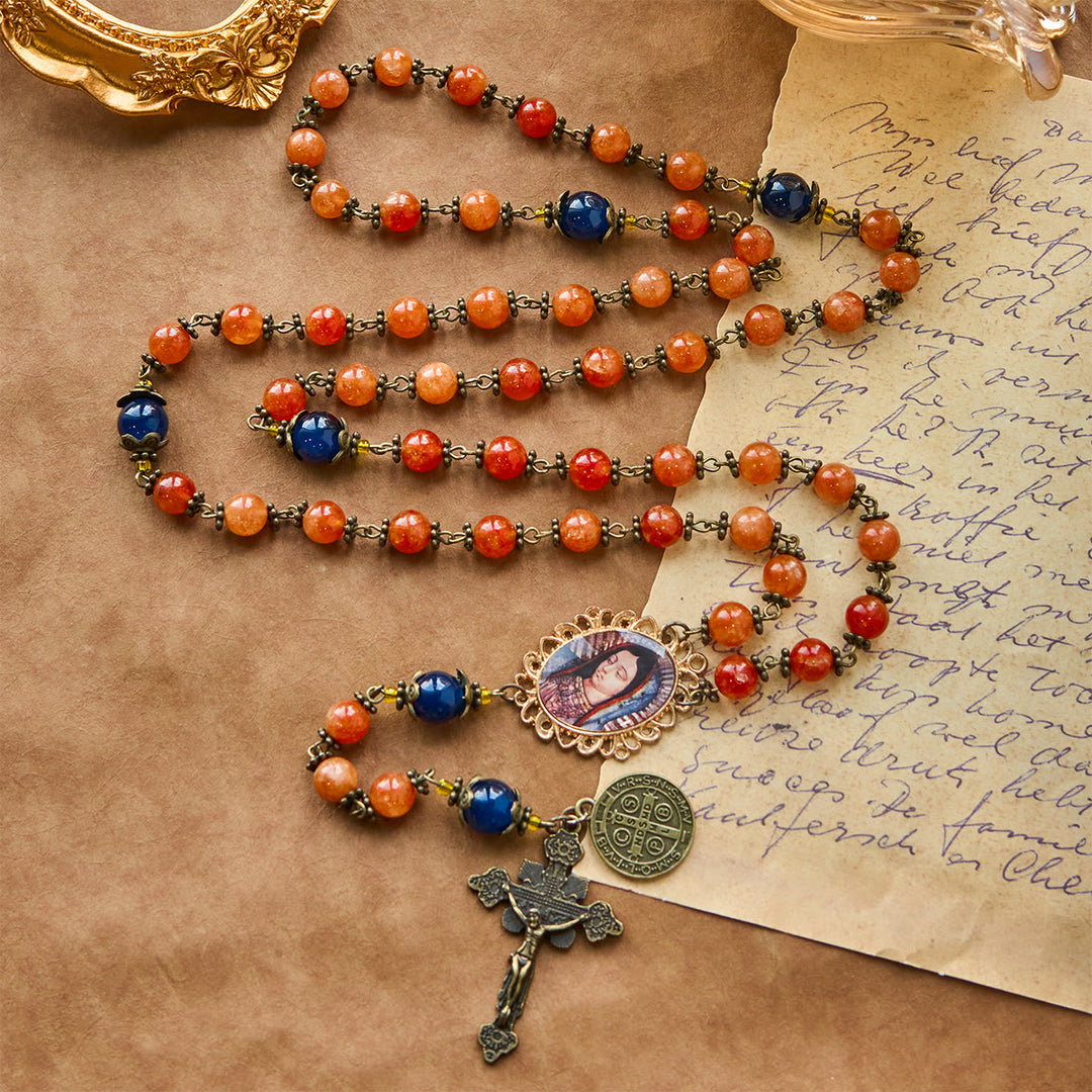 Christianartworkshop Handmade Orange Chalcedony Our Lady St. Benedict Medal Rosary - image 9