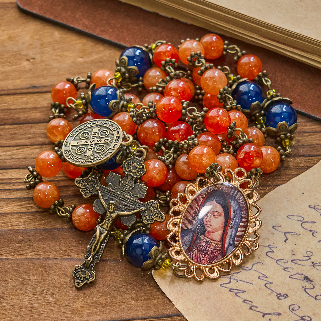 Christianartworkshop Handmade Orange Chalcedony Our Lady St. Benedict Medal Rosary - image 3