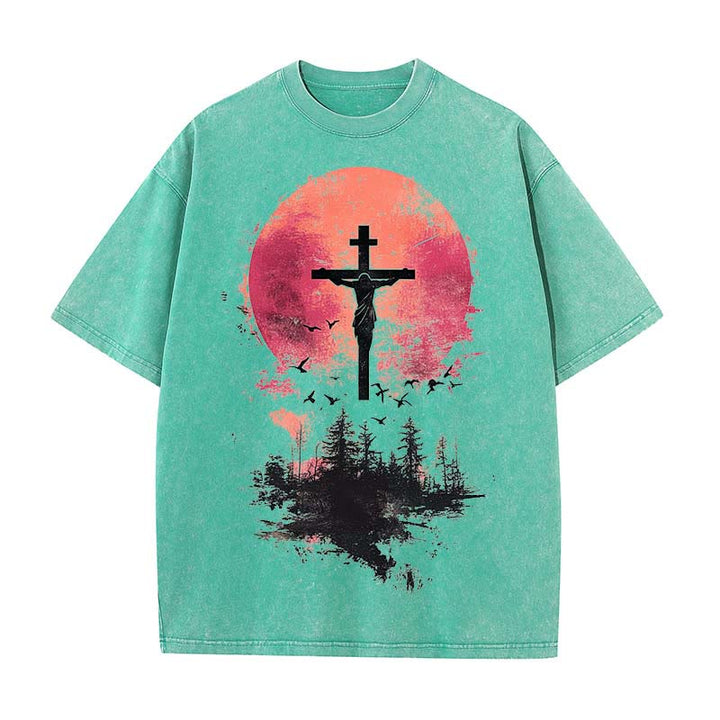 Christianartworkshop Divine Crucifix Over Nature Landscape Unisex Washed T-shirt