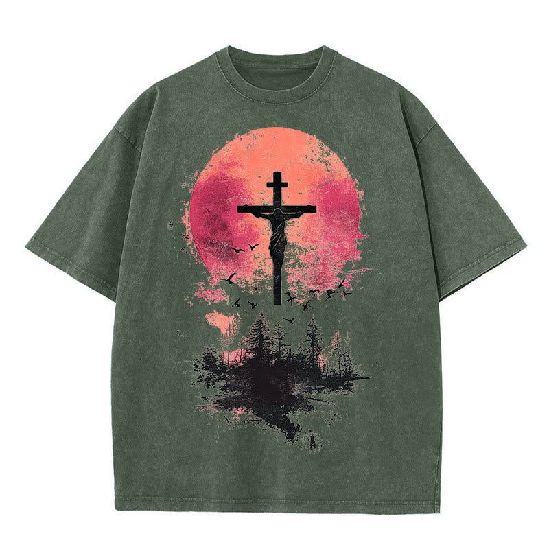 Christianartworkshop Divine Crucifix Over Nature Landscape Unisex Washed T-shirt