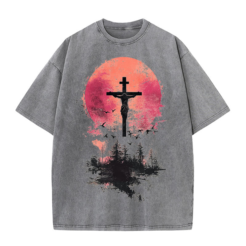 Christianartworkshop Divine Crucifix Over Nature Landscape Unisex Washed T-shirt