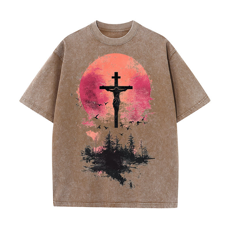 Christianartworkshop Divine Crucifix Over Nature Landscape Unisex Washed T-shirt