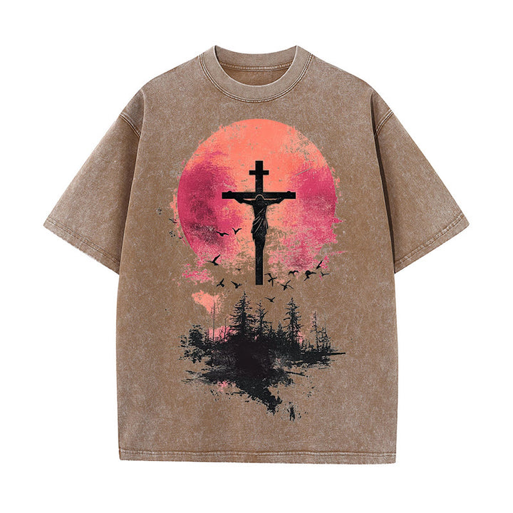 Christianartworkshop Divine Crucifix Over Nature Landscape Unisex Washed T-shirt