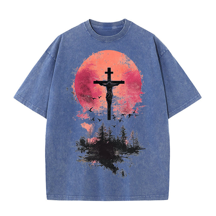 Christianartworkshop Divine Crucifix Over Nature Landscape Unisex Washed T-shirt