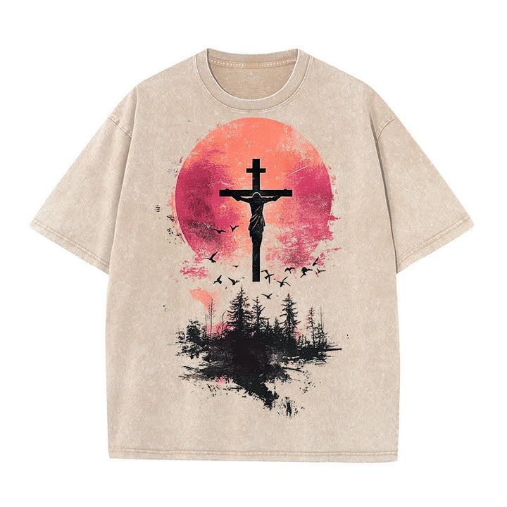 Christianartworkshop Divine Crucifix Over Nature Landscape Unisex Washed T-shirt