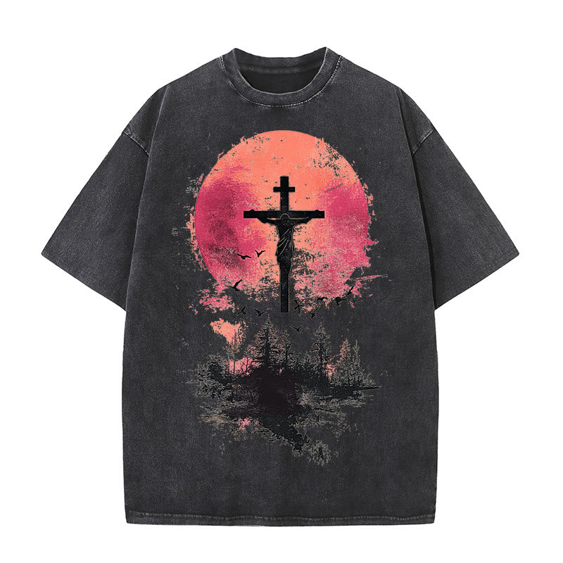 Christianartworkshop Divine Crucifix Over Nature Landscape Unisex Washed T-shirt